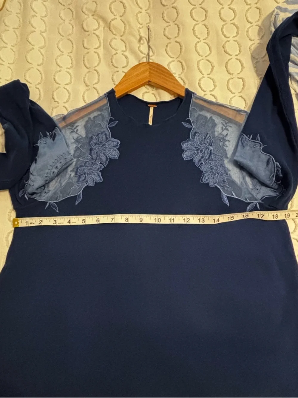 Free People Daniela Lace Ribbed Knit Top Size‎ Small Blue Sheer Boho Mesh